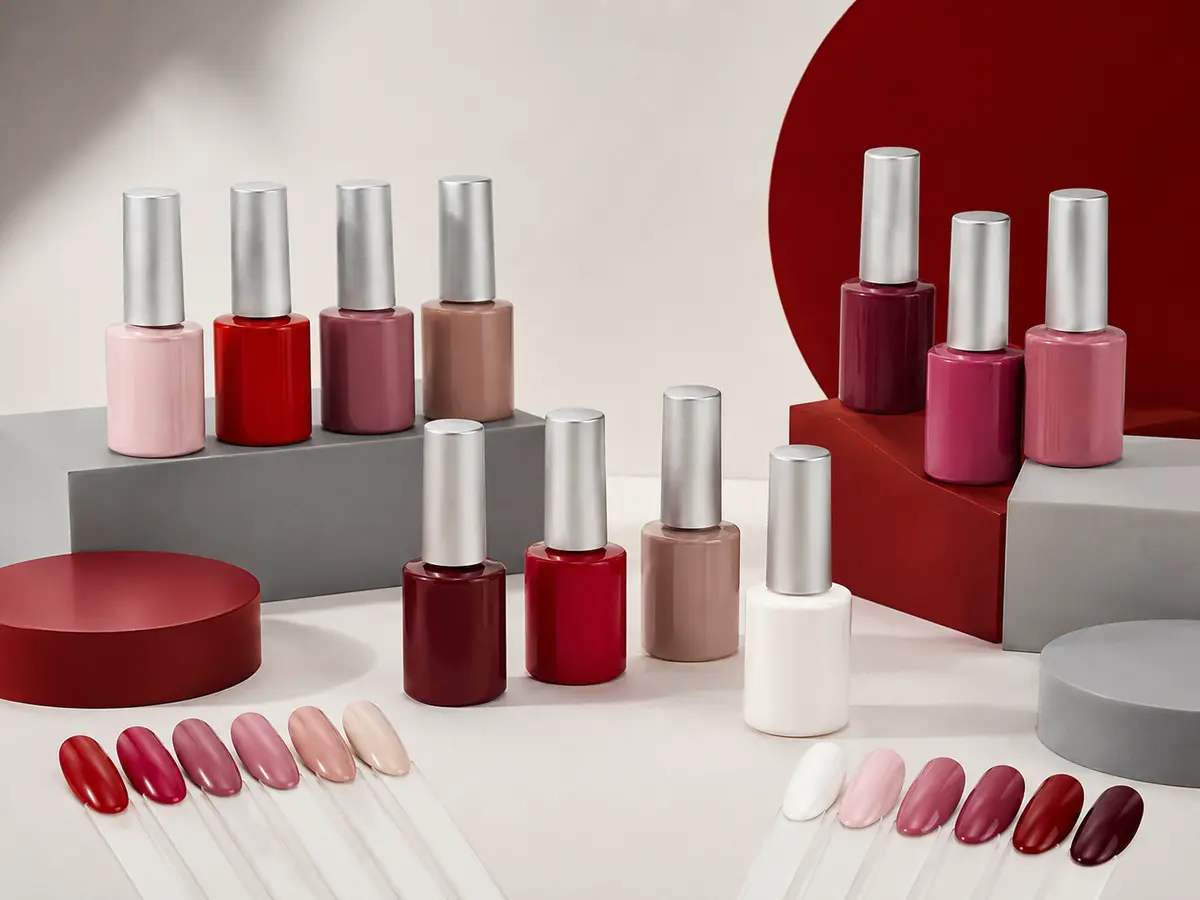 Modern gel polish collection with red, pink, nude and burgundy swatches