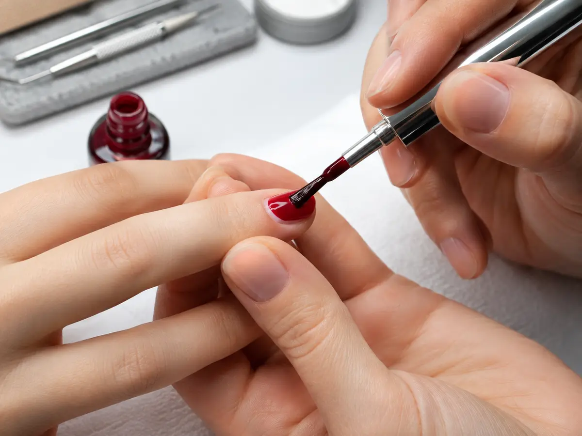 Professional applying a thin even coat of red gel polish