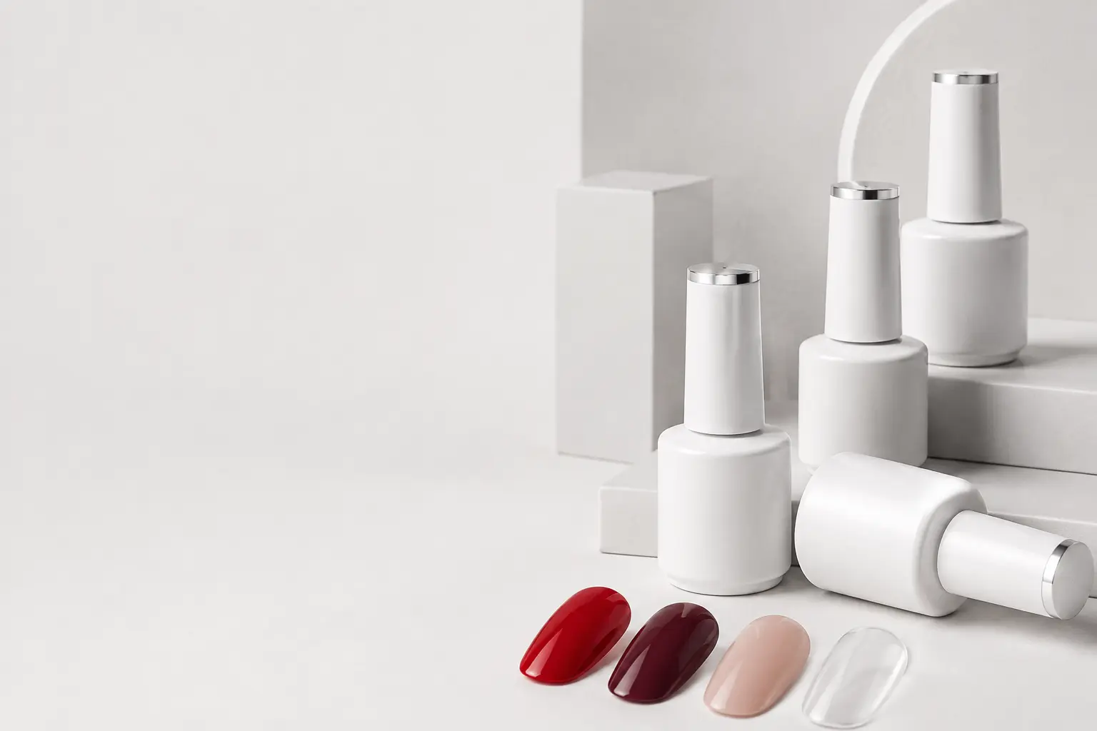 Modern collection of red, berry, nude and clear gel polish