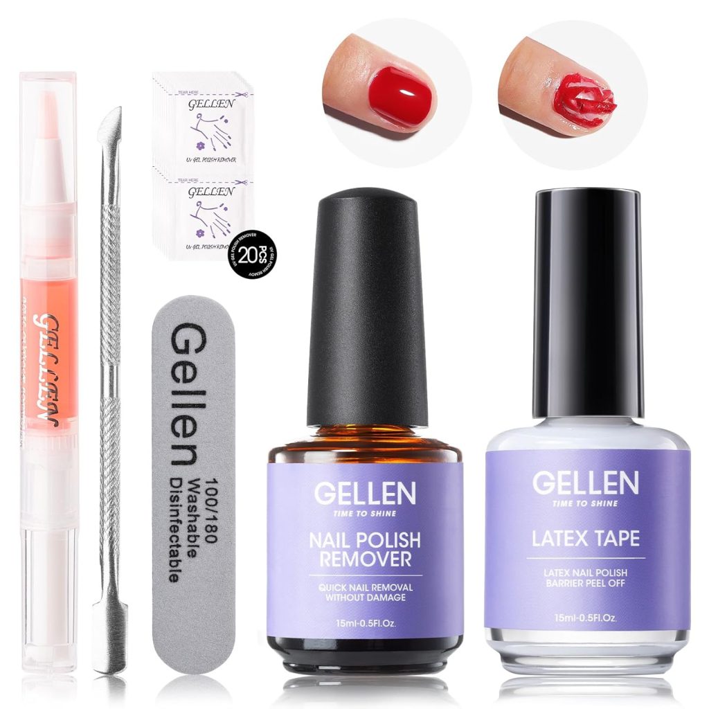 Gellen Gel Polish Remover Kit – Gel Nail Polish Remover with Latex Tape Peel Off Liquid and Manicure Tools, Quick & Easy Gel Polish Remover in 2-5 minutes, No Damage to Nails