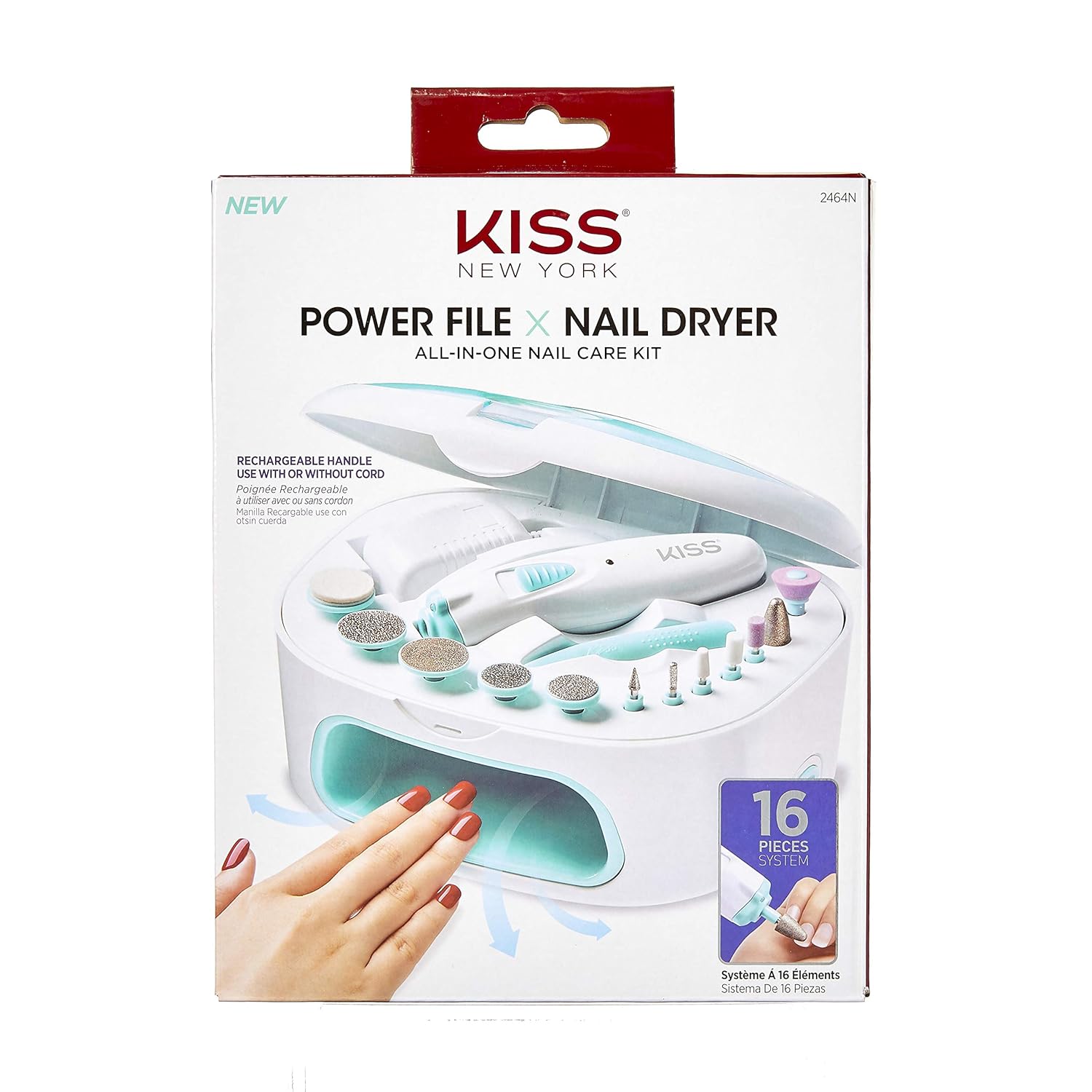 KISS Power File X Nail Dryer All-in-One Nail Care Kit, Cordless Rechargeable Handle, Salon Style Nail Dryer, 12 Interchangeable Styling Attachments, Ergonomic Design, Storage Case, 16 Pcs., 1.14 Lbs.